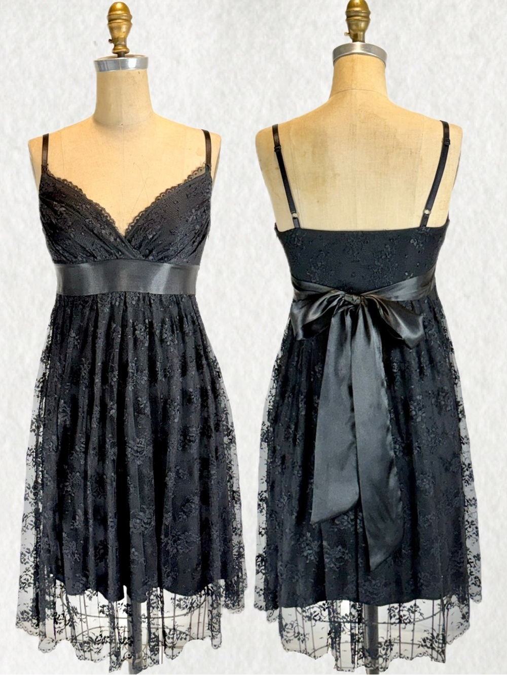 VINTAGE 90s y2k lace babydoll empire waist dress mini midi satin bow ribbon